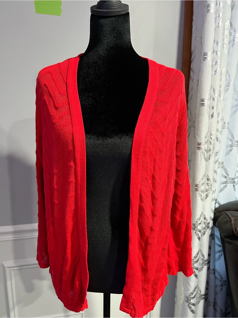 Time and Tru Bright Red Open-Front Cable Knit Cardigan